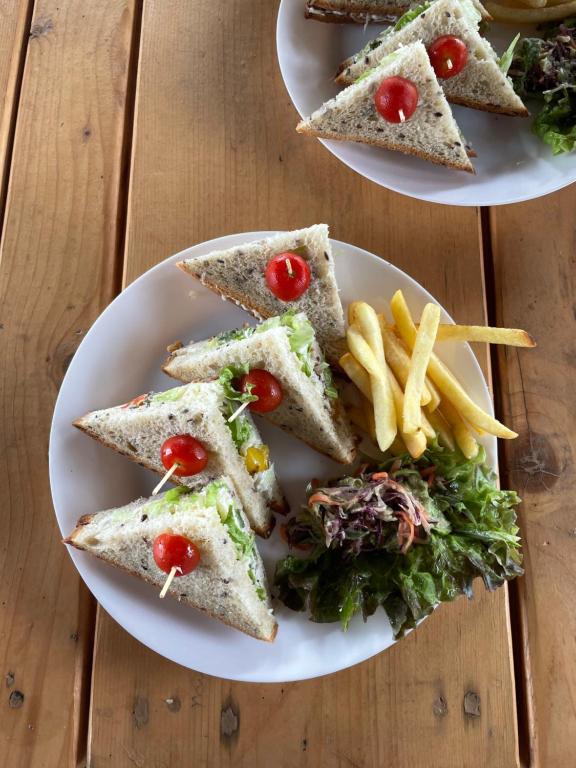 two plates of sandwiches and french fries on a wooden table at Bombay Camping Company, Pawna Lake Lonavala in Lonavala
