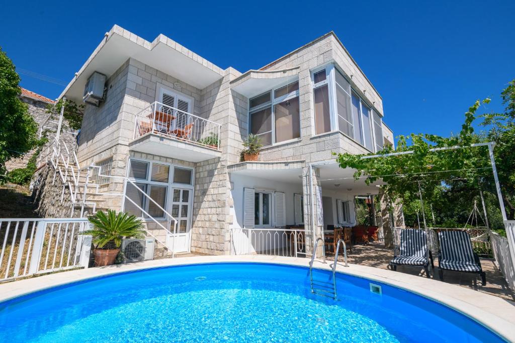 une maison avec une piscine en face de celle-ci dans l'établissement Apartment MARIO - veliki stan za odmor - terasa- vrt - bazen - pogled more, izoliran, à Orašac