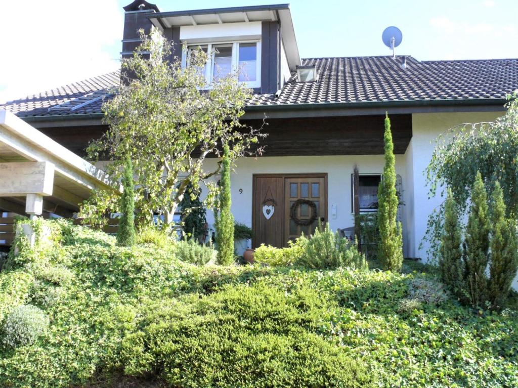 ein Haus mit brauner Tür und einigen Büschen in der Unterkunft Im Süden in Ettenheim