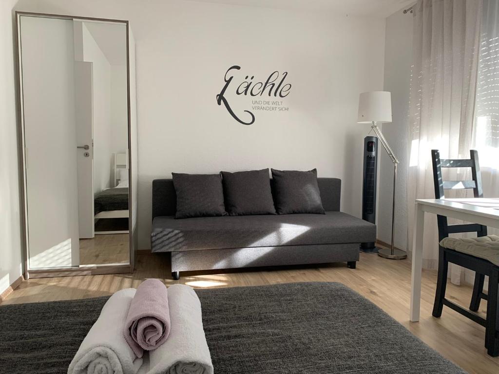 a living room with a couch and a mirror at Top Modernes 1-Zimmer-Apartment mit Küche, Parkplatz, kostenfreiem WLAN und Netflix in Bad Soden-Salmünster