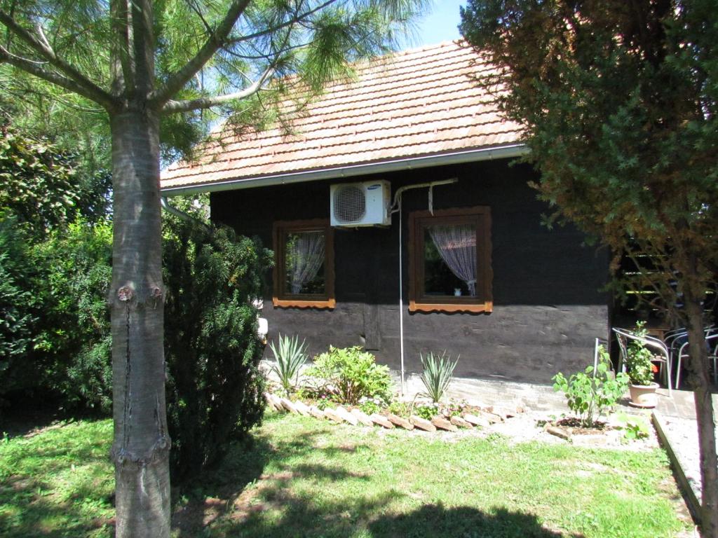 a black house with two windows in a yard at House for rest Juliet in Velika Gorica