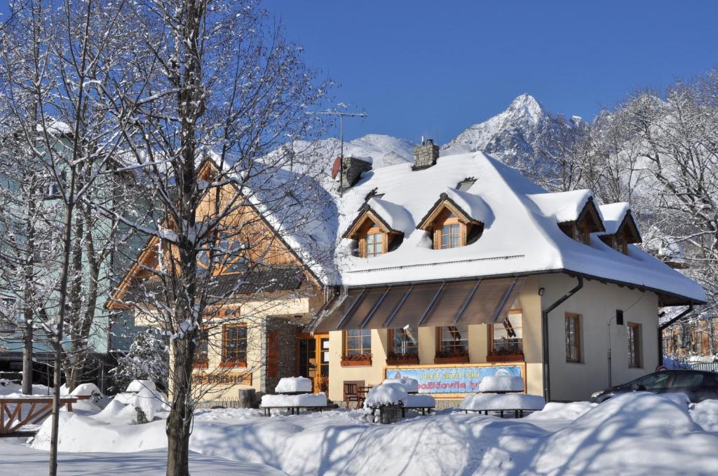 a house covered in snow in front of a mountain at Penzion Slnecny Dom in Tatranská Lomnica