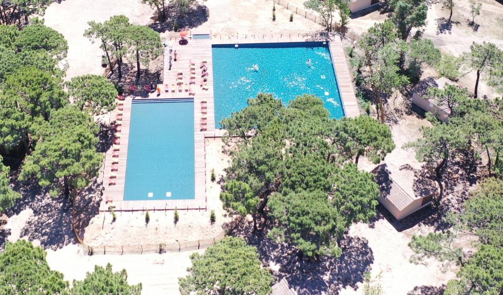 an overhead view of a swimming pool with trees at Camping Golfo Di Sogno in Porto-Vecchio