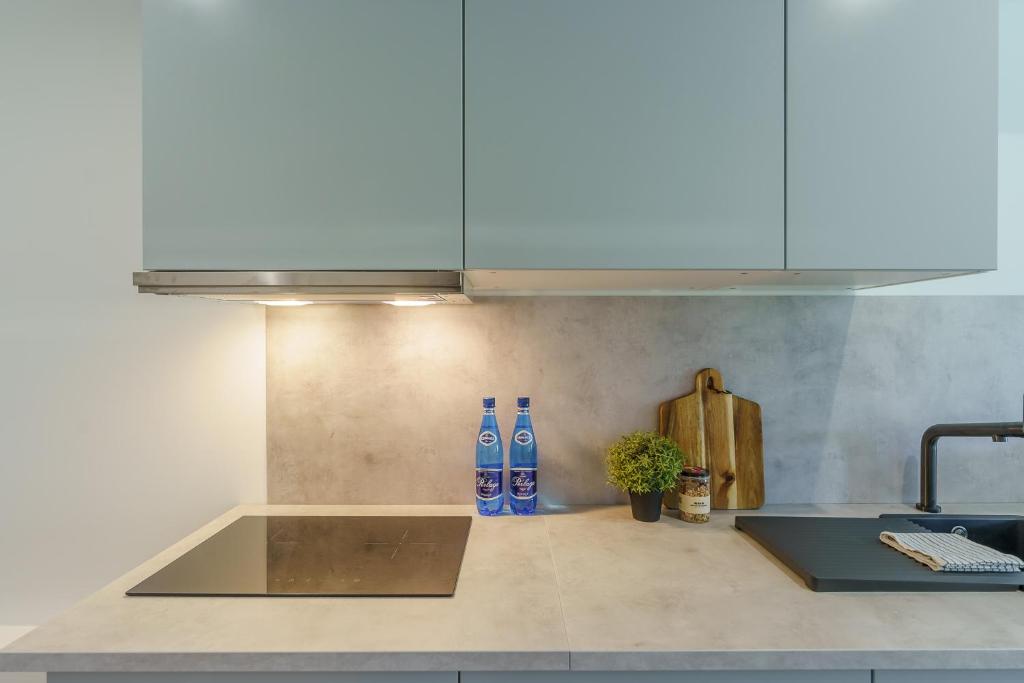 a kitchen with two blue bottles on the counter at Visit Baltic Apartament Morski Piasek in Sarbinowo