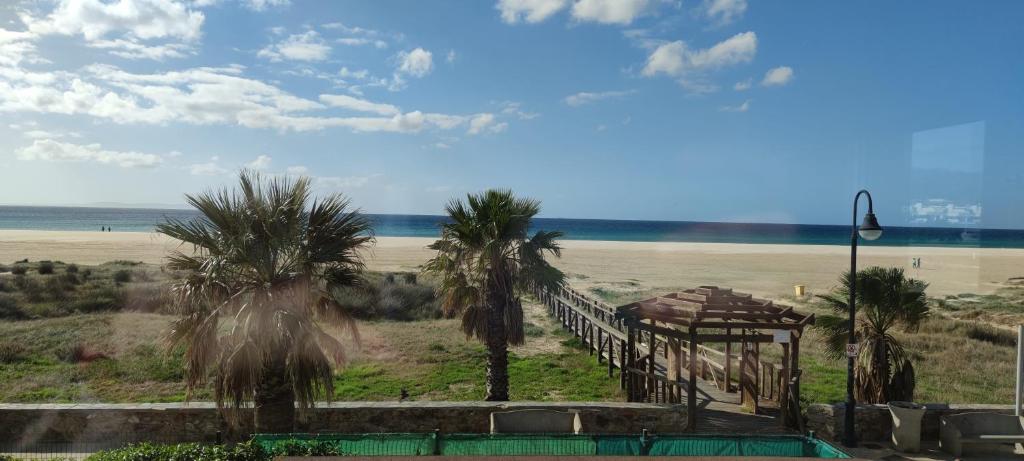 a view of a beach with palm trees and a pier at Apartamento 34 La Tortuga I in Tarifa