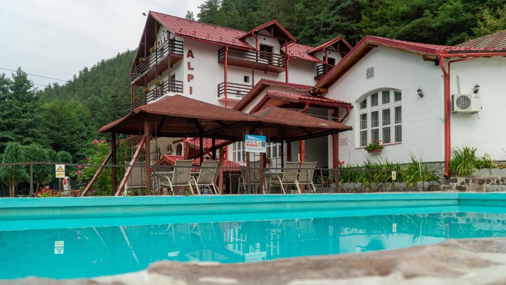 een huis met een zwembad ervoor bij Pensiunea Alpin in Păltiniş