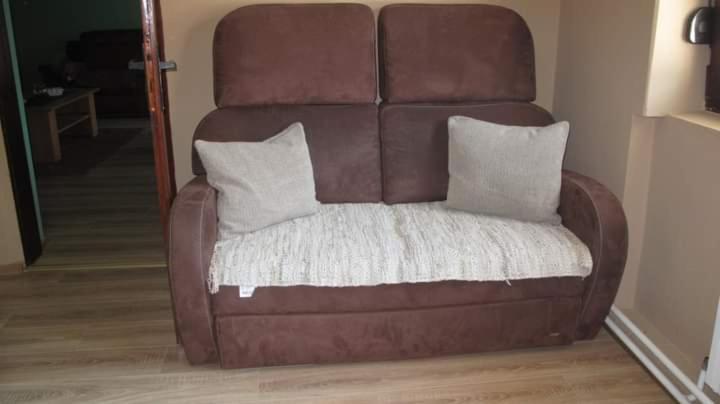 a brown leather chair with two pillows on it at Lelita in Bela Crkva