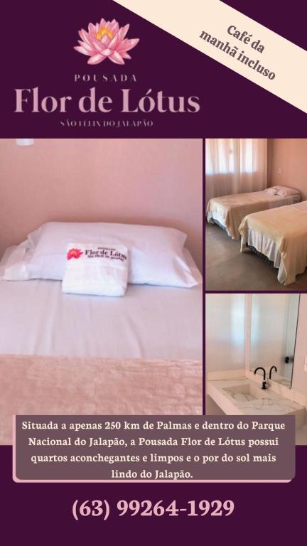 een collage van vier foto's van een bed in een kamer bij Pousada Flor de Lótus in São Félix do Tocantins
