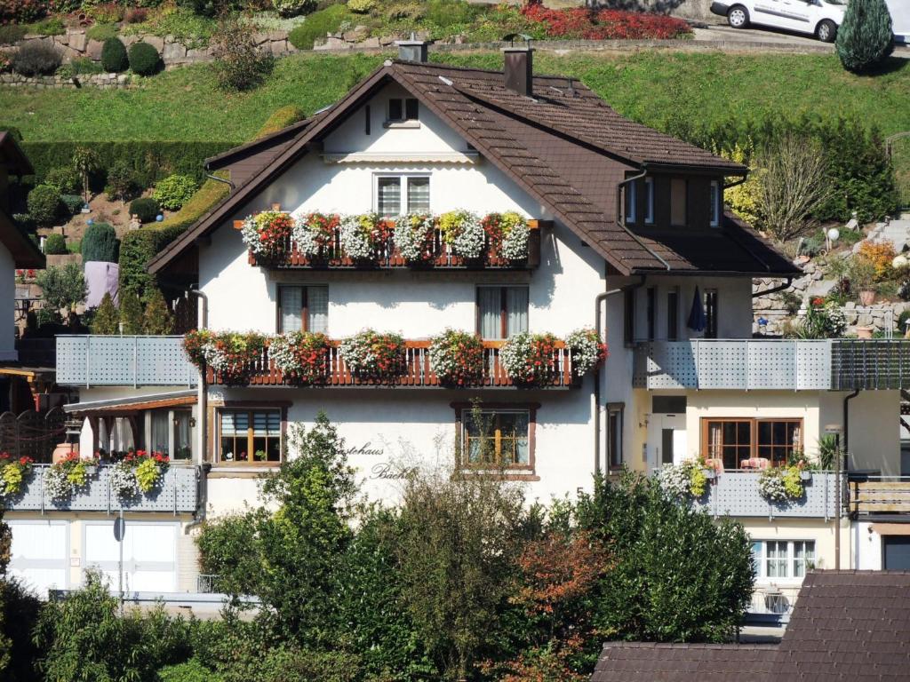 a white house with flower boxes on it at Gästehaus und Ferienwohnung Bächle in Bad Peterstal