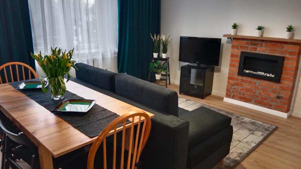 a living room with a couch and a table and a fireplace at APARTAMENT DWUPOKOJOWY in Ostrowiec Świętokrzyski