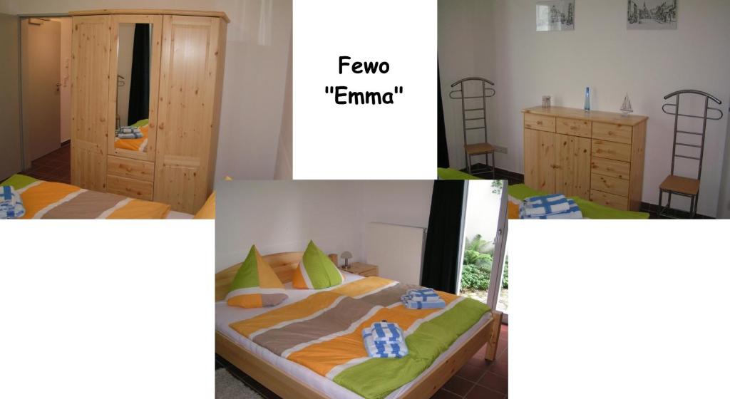 Ferienwohnungen Langenstraße - Altstadt في شترالزوند: أربعة صور لغرفة نوم مع سرير وخزانة