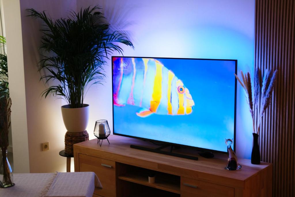 Televízia a/alebo spoločenská miestnosť v ubytovaní Olive Shade - Apartment near the Beach
