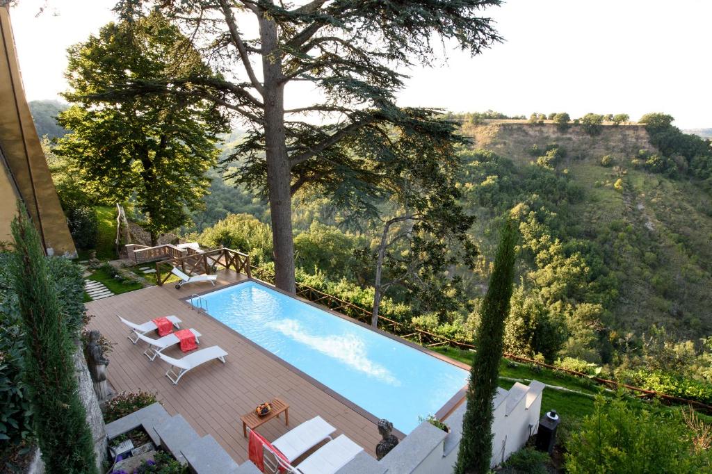 uma piscina com vista para uma montanha em Suite Virginia Baglioni em San Michele in Teverina