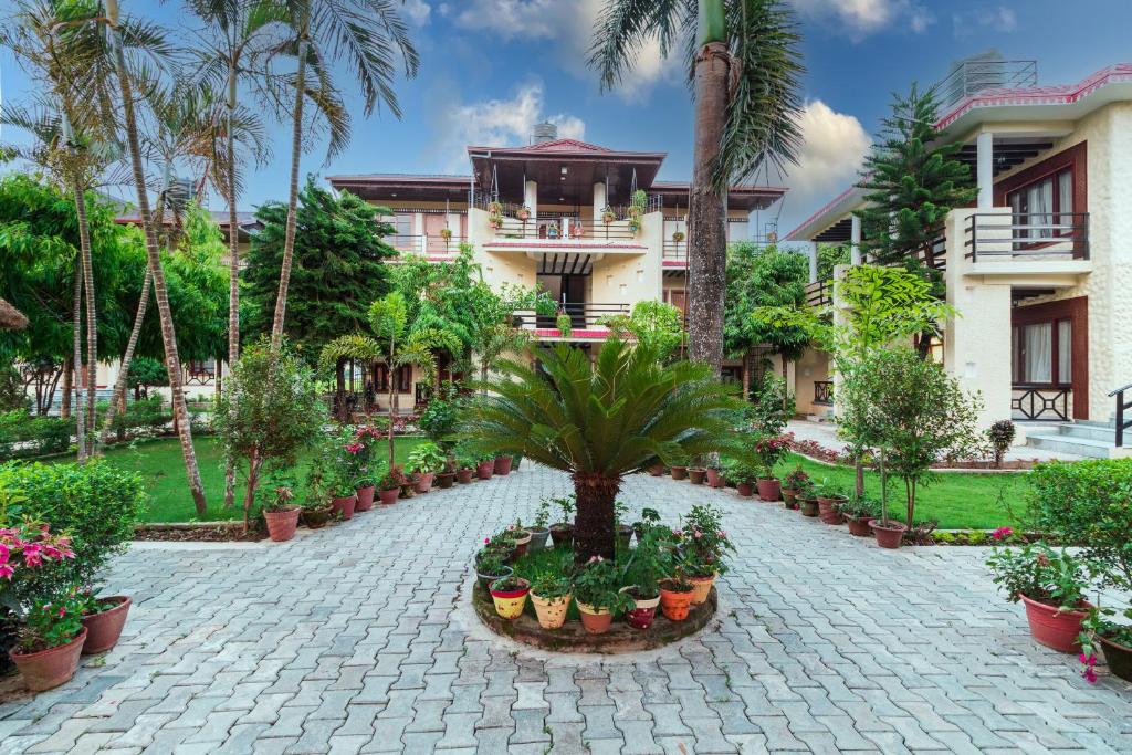 a courtyard in front of a building with a palm tree at Royal Tiger Luxury Resort in Sauraha