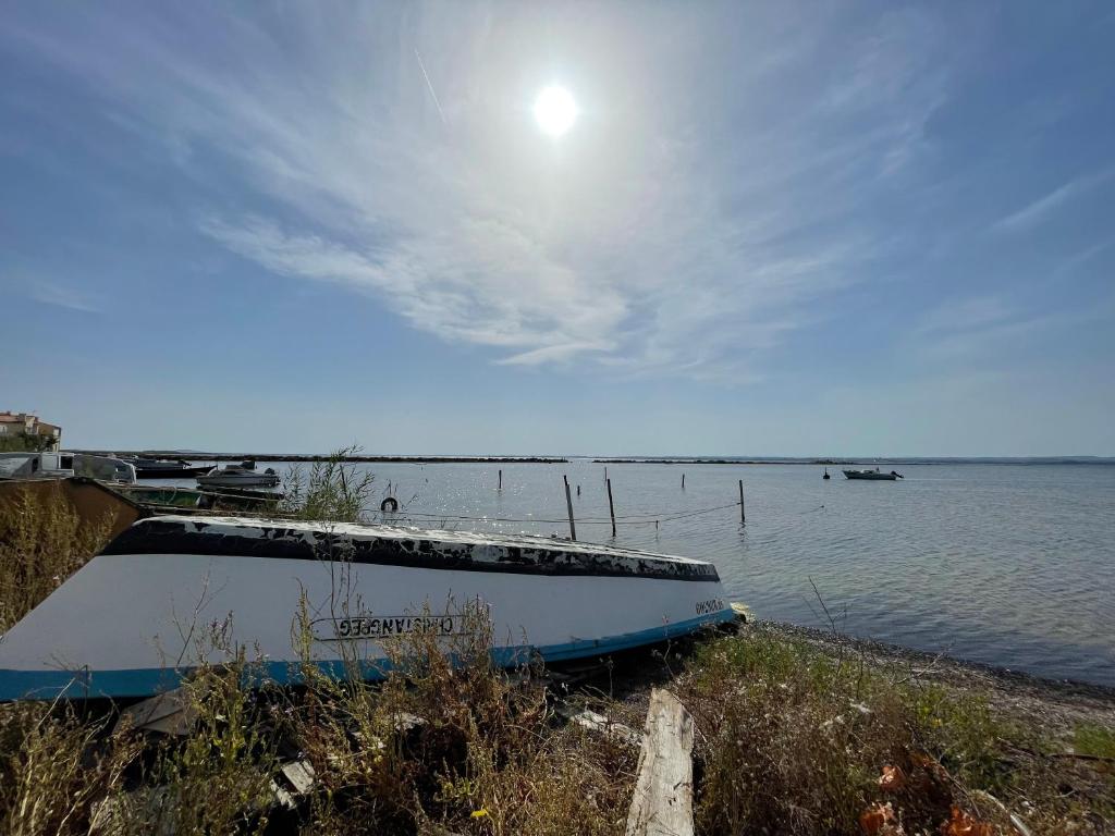 un bateau assis sur la rive d'une masse d'eau dans l'établissement Oasis Cove, maisons au bord de l'eau, plage de Sète, à Sète
