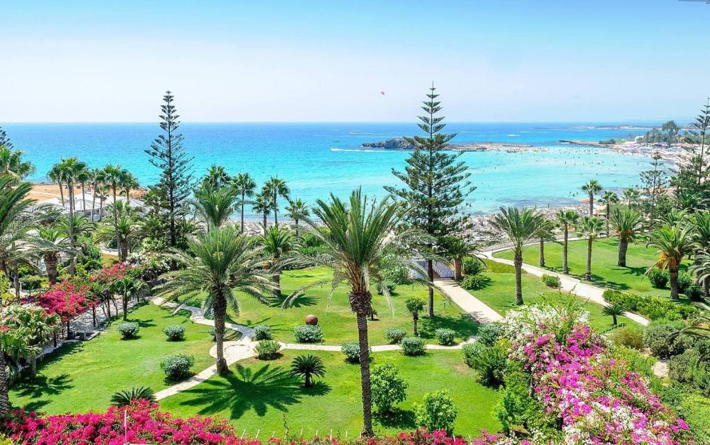 a beach with palm trees and palm trees at Nissi Beach Resort in Ayia Napa