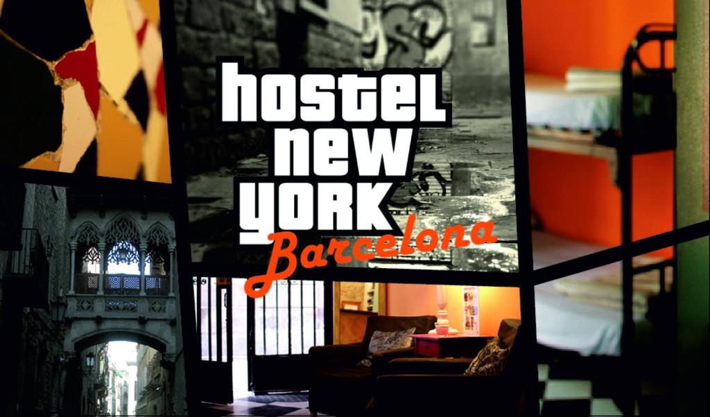 a collage of photos of a living room with aigil new york back at Hostel New York in Barcelona