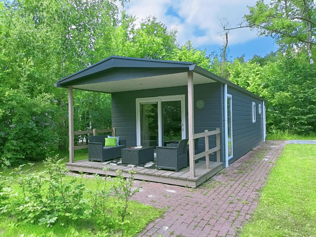 ein kleines grünes Haus mit einer Veranda und 2 Stühlen in der Unterkunft 4p chalet TOLVE met 4 fietsen vlakbij natuurgebieden Drents Friese Wold, Fochteloërveen en gevangenisdorp Veenhuizen in Oosterwolde