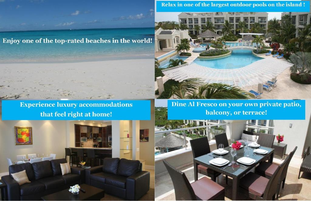 a collage of photos of the living room and dining room at The Atrium Resort in Grace Bay