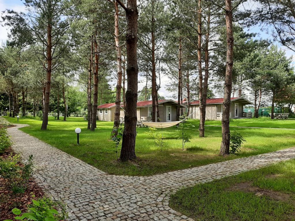 a cobblestone path in front of a house with trees at Osada Wejsuny in Ruciane-Nida