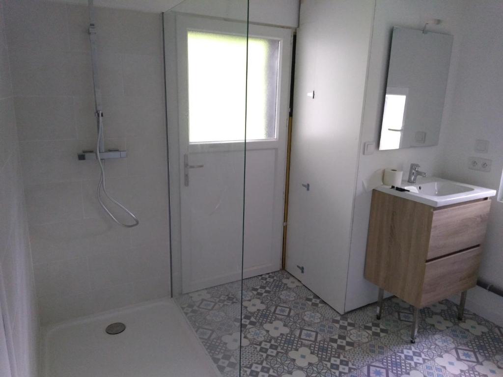 La salle de bains est pourvue d'une douche et d'un lavabo. dans l'établissement Guest house aux portes du Bassin d'Arcachon, à Mios