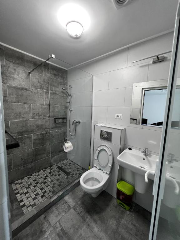 La salle de bains est pourvue de toilettes, d'un lavabo et d'une douche. dans l'établissement Vila Iris Mamaia Nord, à Mamaia Nord – Năvodari