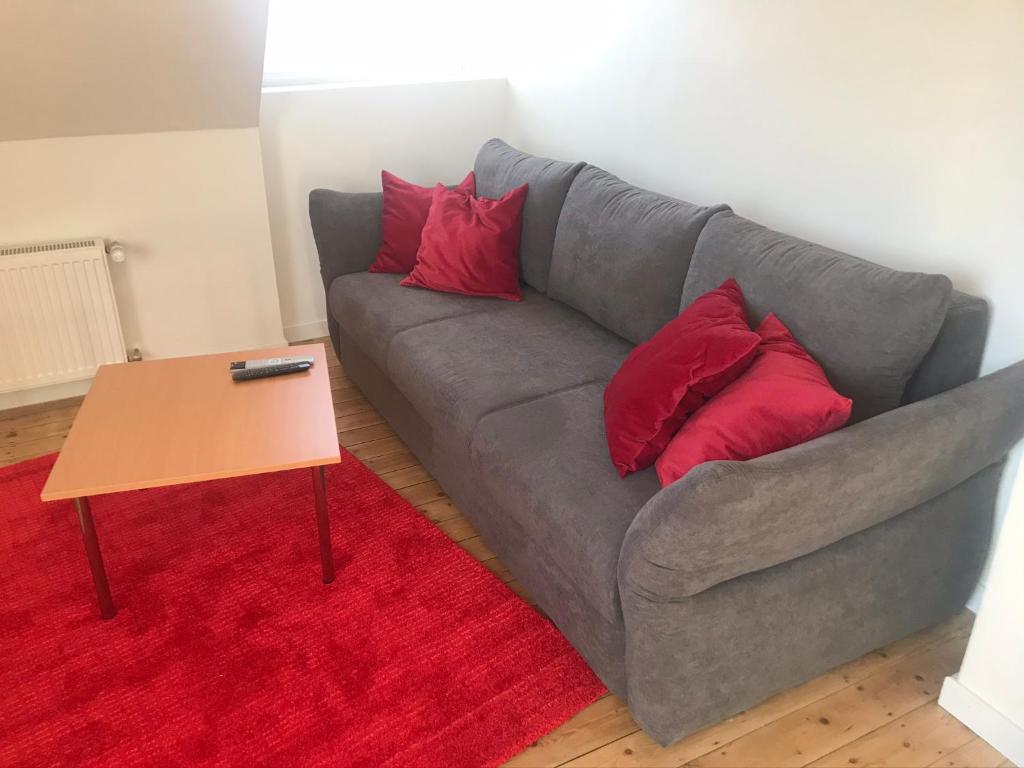 a grey couch with red pillows on a red rug at Villa Am Honigbach in Coesfeld