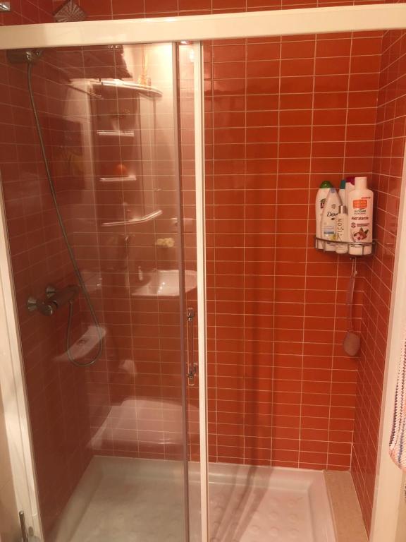 een badkamer met een douche met rode tegels bij Habitación Bimba y Lolo in Ribadumia