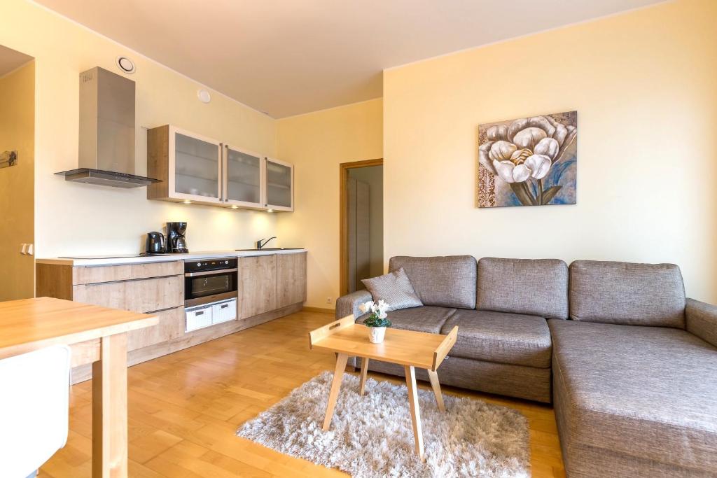 uma sala de estar com um sofá e uma mesa em Solar Apartments - Foorum Center em Taline