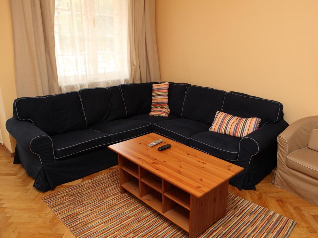 a living room with a black couch and a coffee table at 7k-Zamecky Vrch 2 in Karlovy Vary