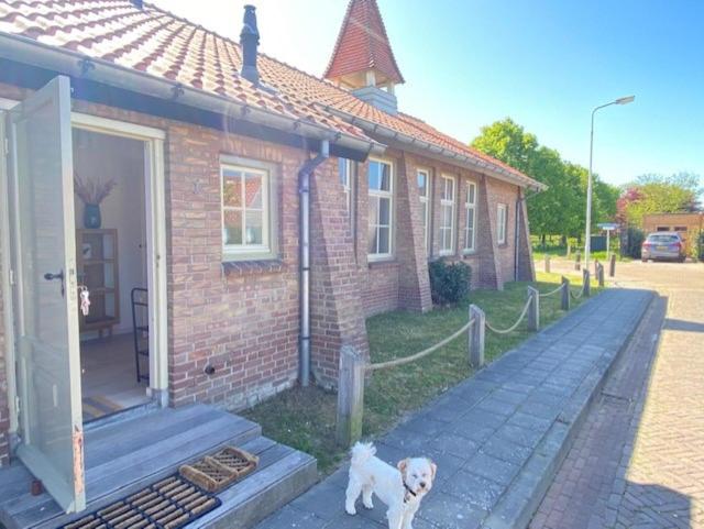 un chien debout devant une maison en briques dans l'établissement Cadzandkerkje, à Cadzand