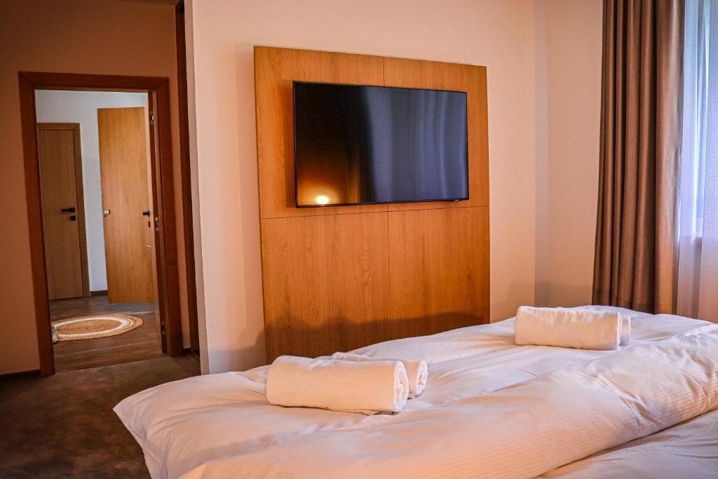 a bedroom with two beds with a television on the wall at Apartmany Furkotka - Ovruč in Vysoke Tatry - Strbske Pleso