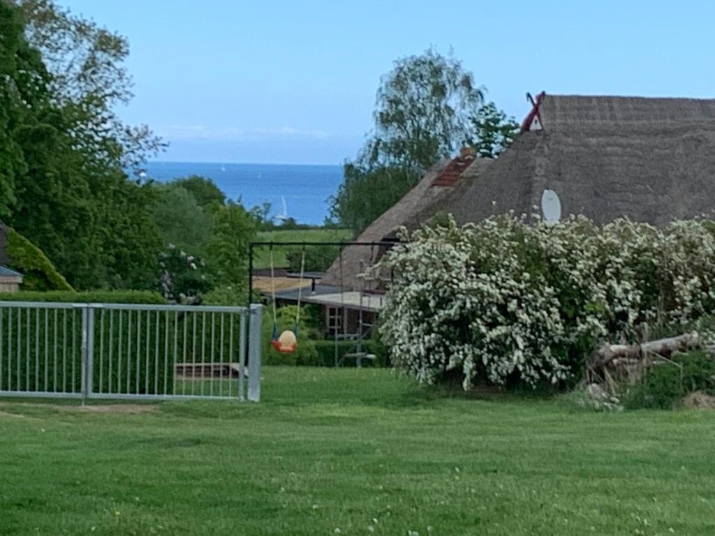 a yard with a basketball hoop in front of a house at Ferienhäuser Wohlenberg - Baltic Cottages in Wohlenberg
