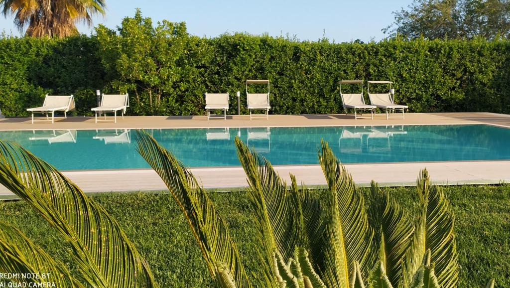 a swimming pool with lawn chairs and bushes at Villa Minerva Family Relais in Alezio