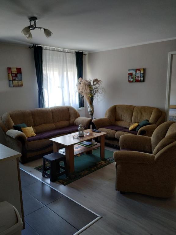 een woonkamer met 2 banken en een salontafel bij ARIANA apartman in Kragujevac