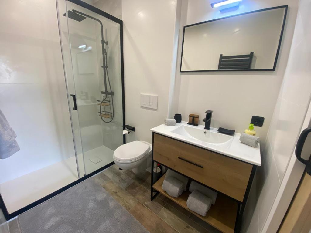 a bathroom with a toilet and a sink and a shower at appartement vue mer avec place de parking privée in Sainte-Maxime