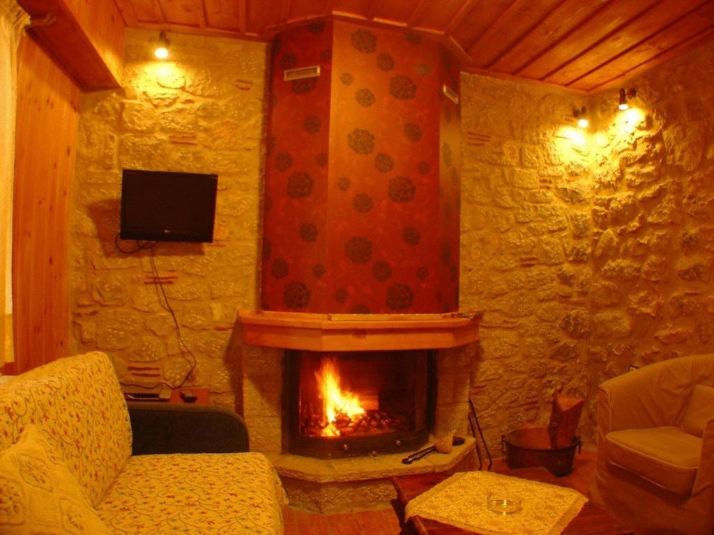 Ariadne Guesthouse في أراخوفا: غرفة معيشة مع موقد وأريكة
