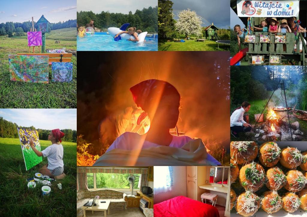 a collage of photos with a woman sitting around a fire at Klarysewo in Mrągowo