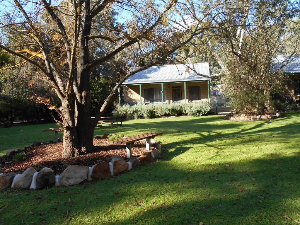 a picnic table under a tree in a yard at Grampians View Cottages and Units in Halls Gap