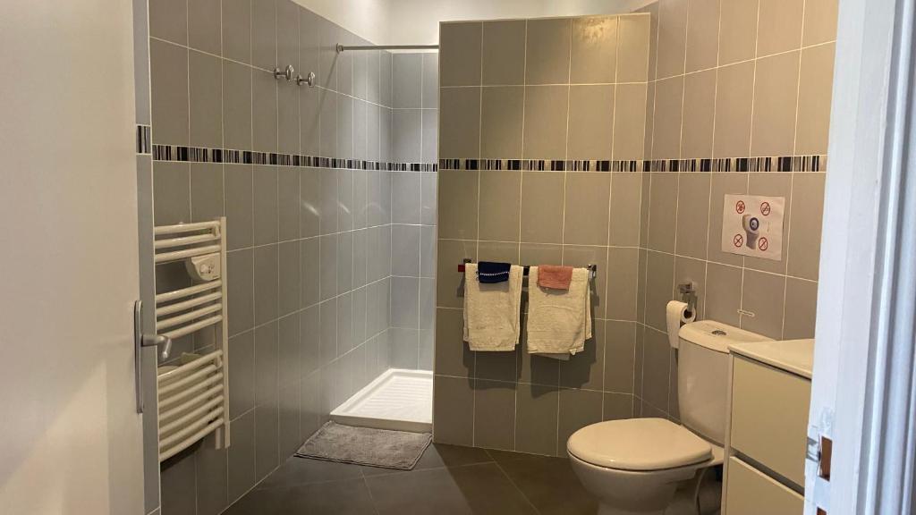 a bathroom with a toilet and a shower at 2 Pièces Rdc Villa Piscine in La Roquette-sur-Siagne