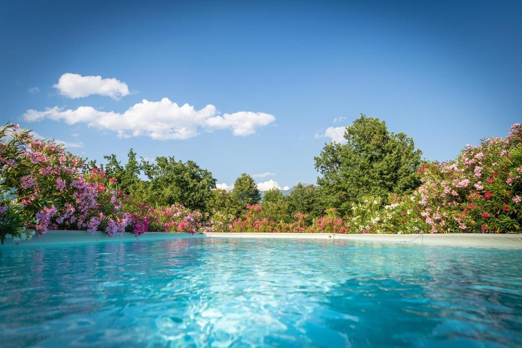 una piscina di acqua con fiori e alberi di Amata Valgre Affittacamere, comfort e pulizia eccezionali!! a Olginate