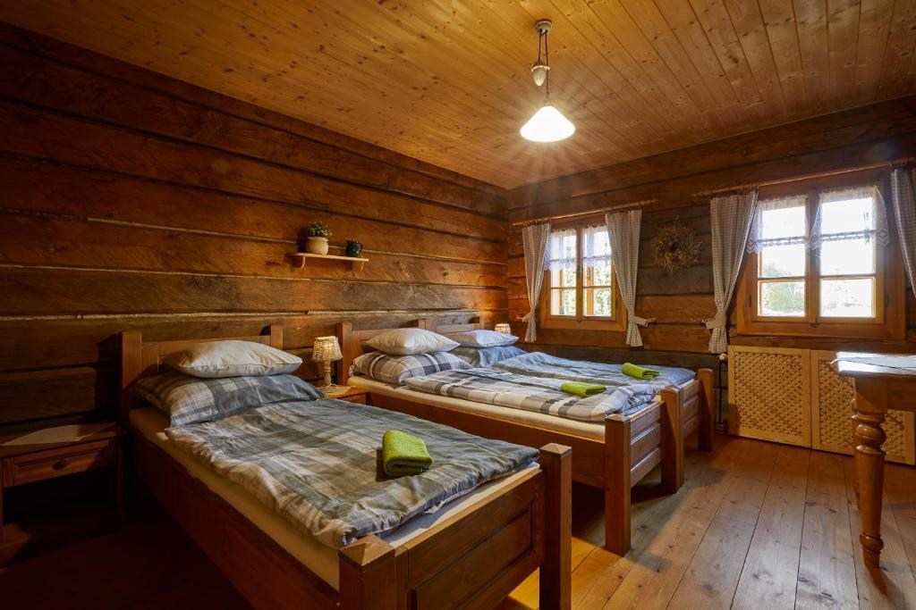 a bedroom with two beds in a log cabin at Volarská roubenka in Volary