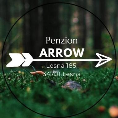 a sign with a arrow in the grass at Penzion Arrow in Lesná