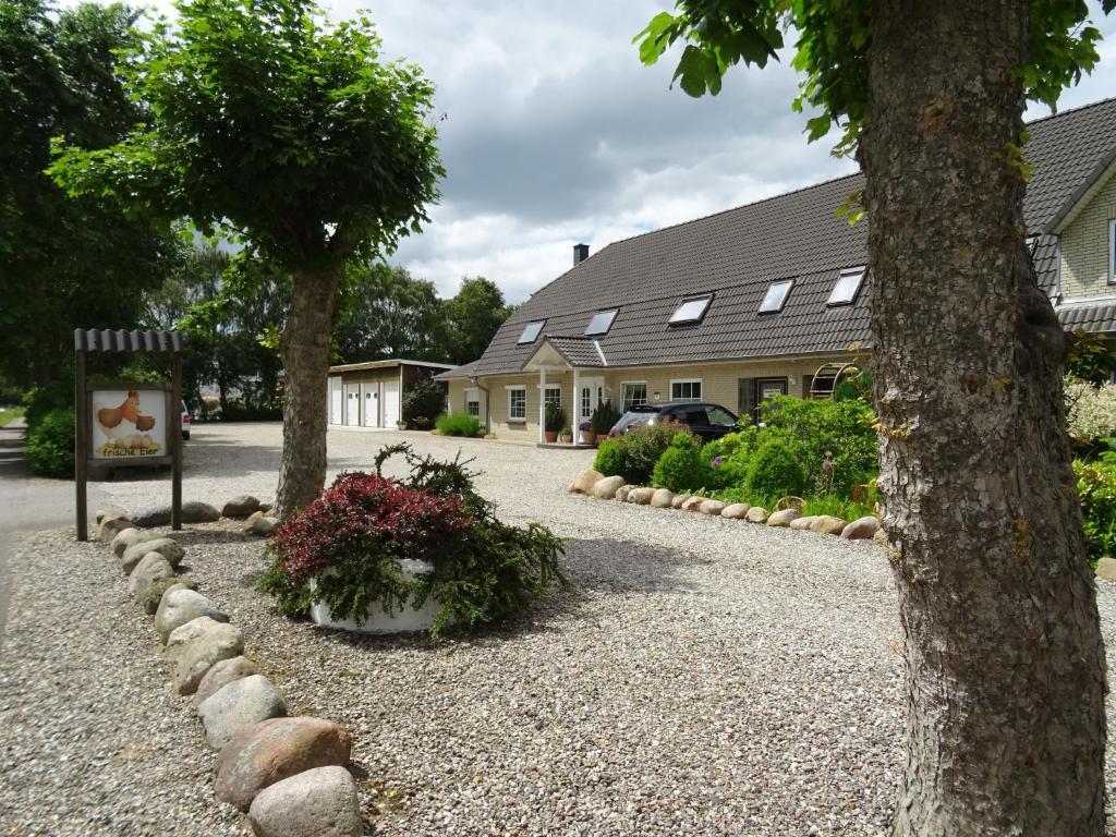 a gravel driveway with plants and a house at Bei Schütts in Janneby