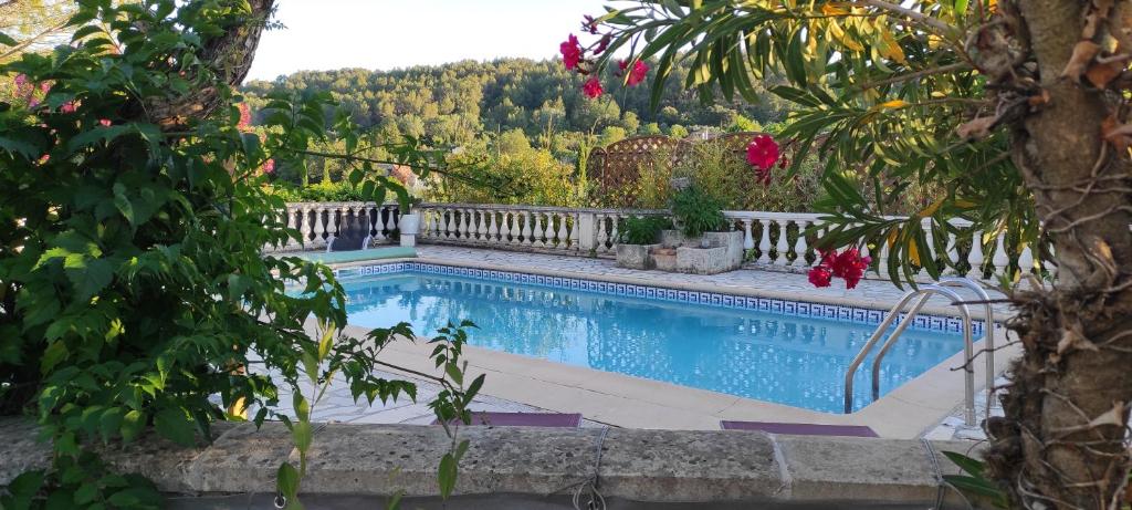 una piscina en un patio con flores en La Margotière en Draguignan