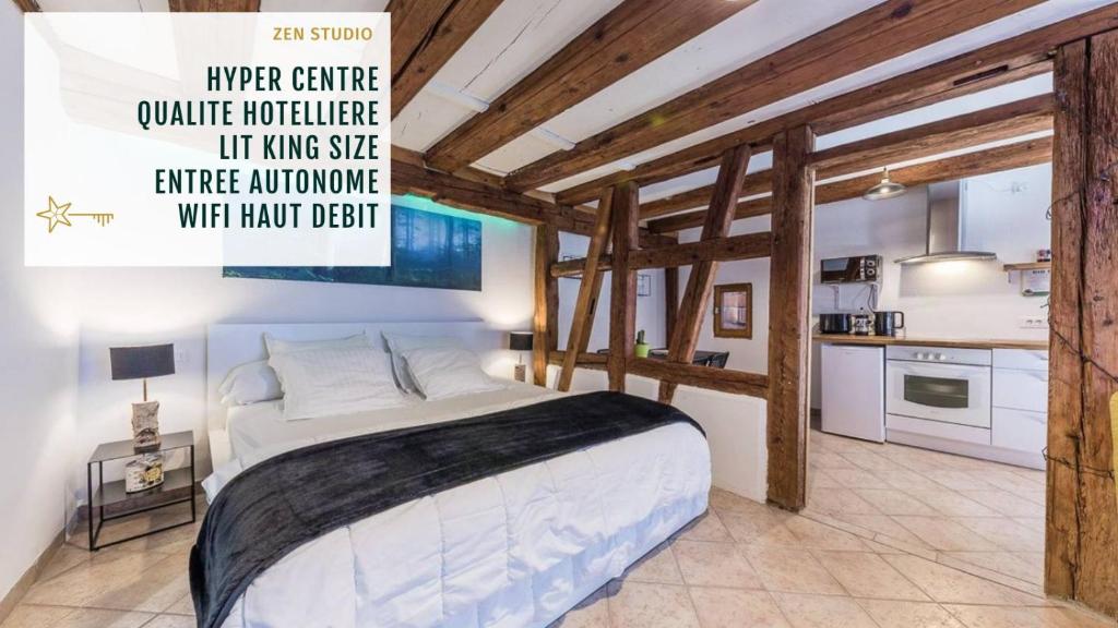 a bedroom with a large bed and a kitchen at ZEN studio - maison alsacienne - lit KING SIZE in Colmar