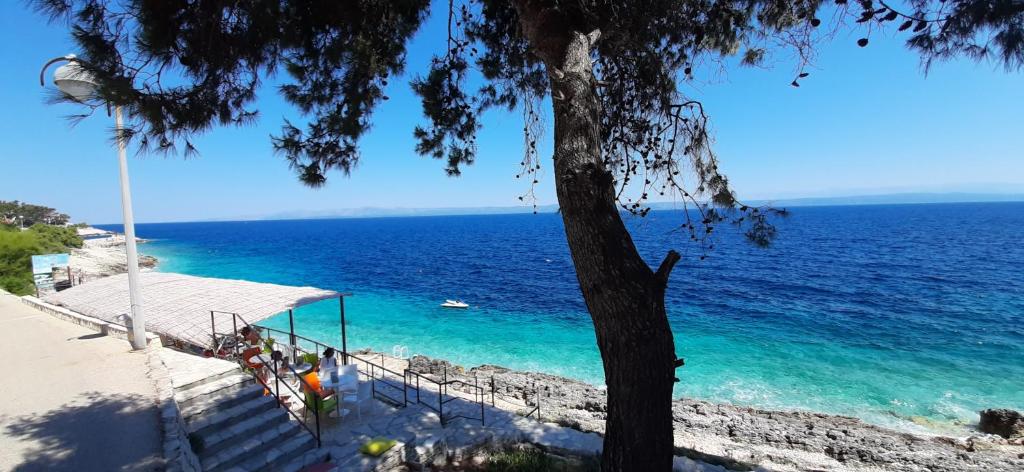 einen Blick auf das Meer von einem Strand mit einem Baum in der Unterkunft Summer House Bougainvillea by Dubrovnik Colors in Blato