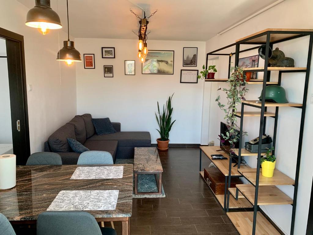 a living room with a couch and a table at Nosen Asime Apartment in Bistriţa