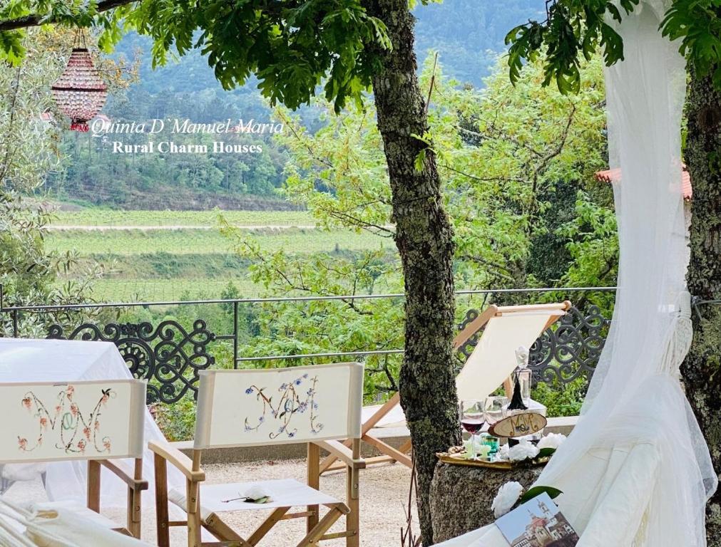 uma mesa e cadeiras sentadas debaixo de uma árvore em Amarante-Quinta D’Manuel Maria, Rural Charm Houses em Amarante