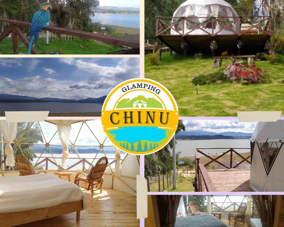 a collage of photos with a yurt and a sign at Glamping Chinu in Guatavita